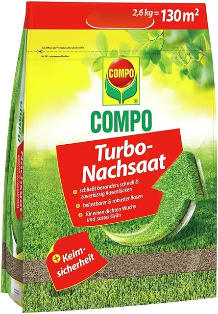 COMPO COMPO Turbo‑Nachsaat, 2,6 kg für 130 m² – Premium Rasensamen schnellkeimend und mit Keimsicherheit zur schnellen Reparatur von strapazierfähigen Spiel‑ und Gebrauchsrasen, Nachsaat Rasen Frühjahr — Saat & Dünger