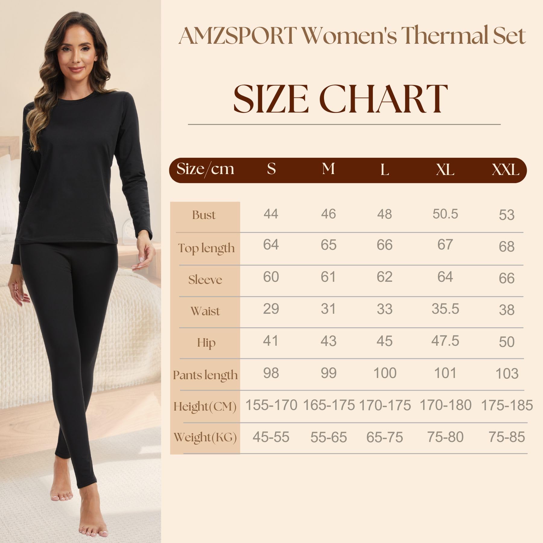 AMZSPORT Set de sous-vêtements Thermiques pour Femme - Combinaison Hiver Respirante avec Doublure Polaire, Haut Manches Longues & Leggings Doux pour Ski et Activités Extérieures