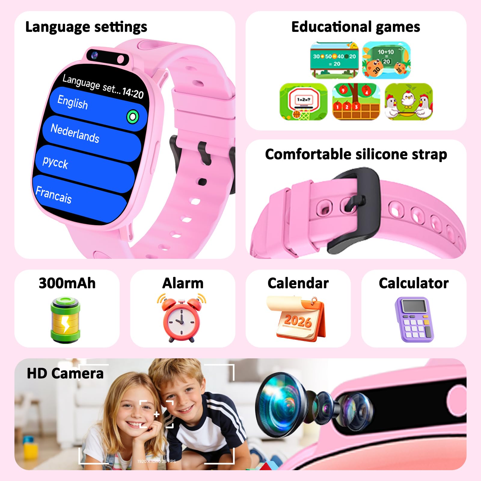 Montre Connectée Enfants avec 1,9 Pouces, 18 Jeux, Suivi du Sommeil, Podomètre, Appareil Photo, Lampe Torche, Smartwatch Enfant pour Garçons, Filles et Adolescents sans App ni Carte SIM