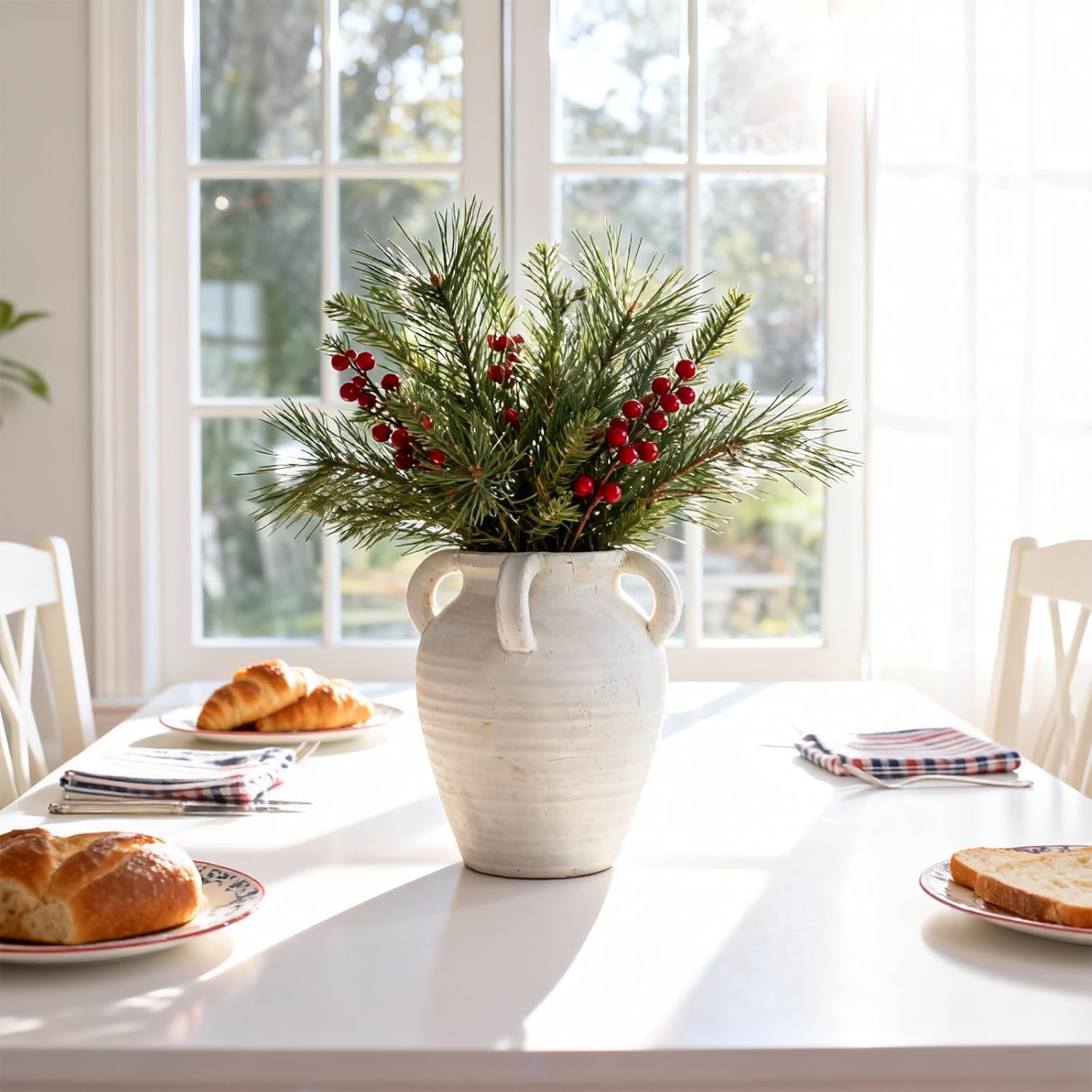 Rustic White Ceramic Vase, Wide Mouth Terracotta, Antique Decorative Flower Vase with 4 Handles, 9.7 in - Image 3