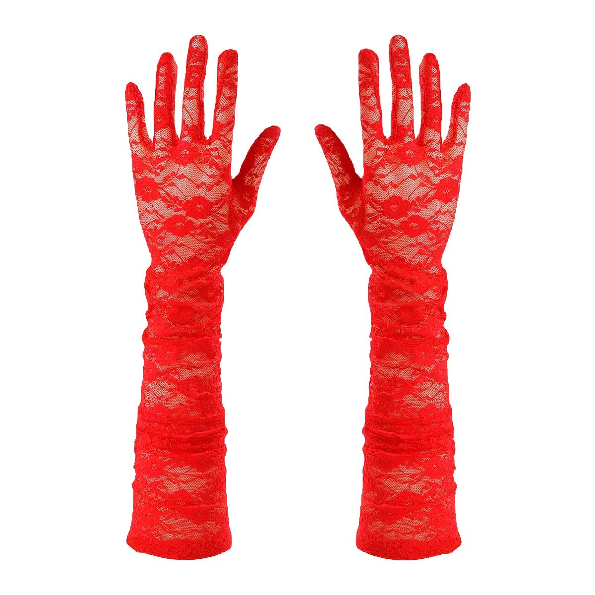 Jagowa Women's Red 1 Pair 2 Pcs Long Lace Gloves Long Evening Gloves Floral Lace Elbow Gloves For Wedding Prom Opera (Red)