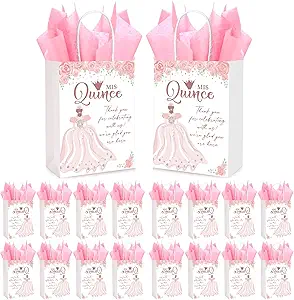 Geyoga 50 Sets Quinceanera Party Favors for Guests 15 Years Birthday Party Gift Bags with Handles Quinceanera Gifts Bags and Pink Tissue Paper Sweet 16 Party Favors for Guests Party Supplies