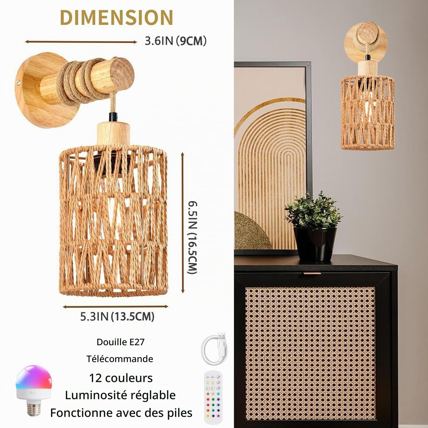 Lot de 2 Applique Murale Interieure E27 Lampe Murale Sans Fil Rechargeable USB avec Télécommande Bois Vintage Lampe Murale RGB Applique Lampes Bohème Rotin Pour Chambre Chevet Couloir Salon
