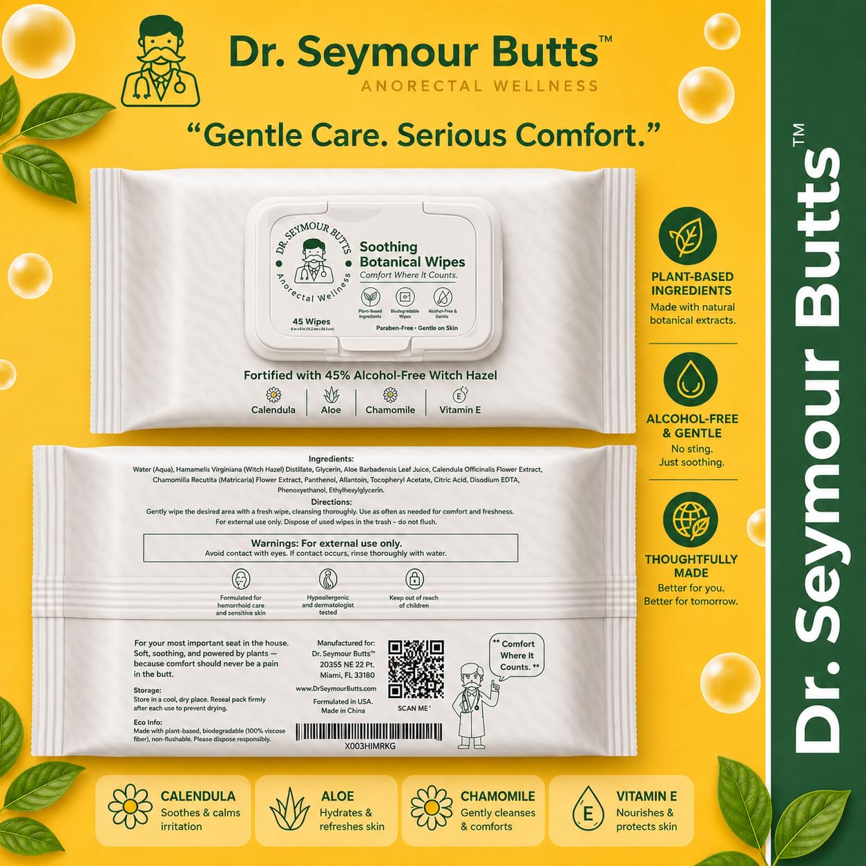 Dr. Seymour Butts Salviette per emorroidi, confezione da 3 (45 pezzi ciascuna), senza alcool, amamelide 45% + estratti botanici (alone, calendula, camomilla) - Salviette detergenti delicate per