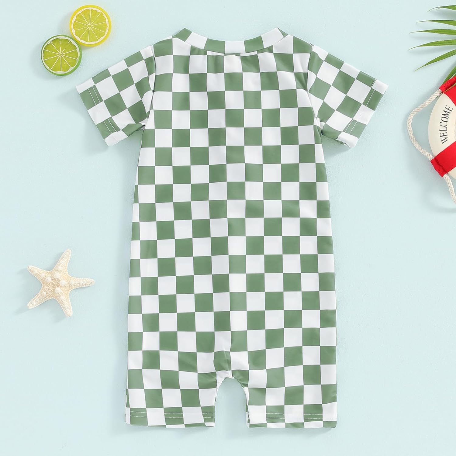 Toddler Baby Boy Girl Swimsuit Checkered One Piece Swimwear Short Sleeve Zipper Rash Guard Beach Bathing Suit - Image 2
