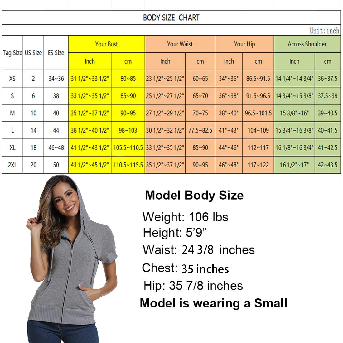 Miss Moly Sweat à capuche à manches courtes pour femme avec fermeture Éclair intégrale en coton fin Coupe slim Kanga Pocket - multicolore - Large(44-46)