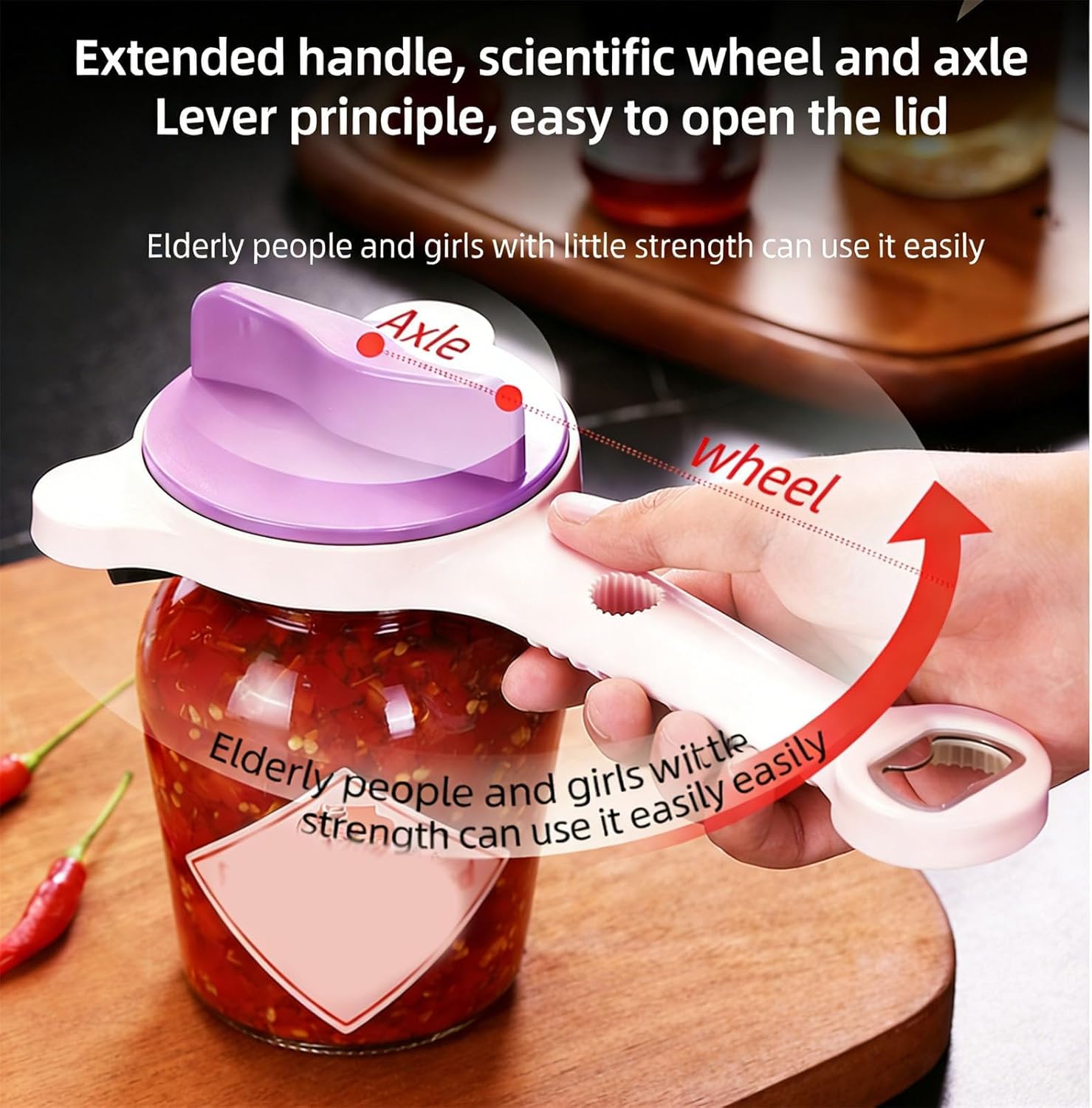 4-in-1 Multi-purpose Jar Opener, Adjustable Stainless Steel Strain-Free Bottle Opener for Weak Hands, Ideal for Jars, Bottles & Ring-Pull Cans, Grey+Purple