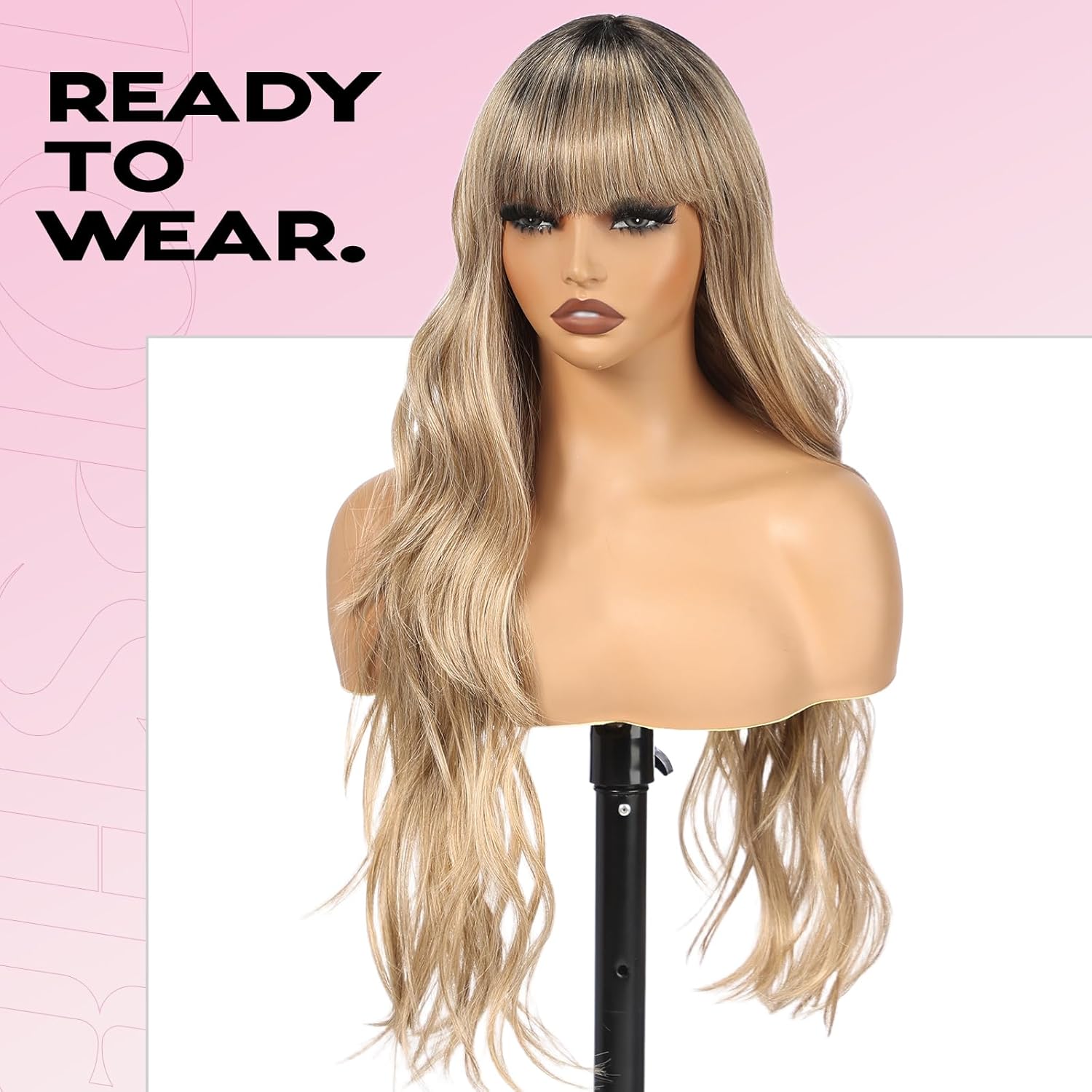 Long Ombre Blonde Wig with Bangs for Women, 26 Inch Long Curly Lace Wig Natural Looking Heat Resistant Synthetic Wig for Daily Party Use（#TT1B/A.BLD）