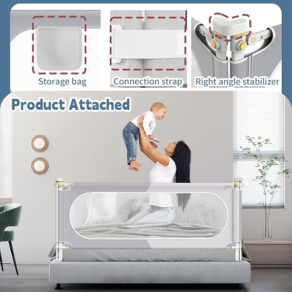 Yozoia Bed Rail for Toddlers, Baby Bed Rail Guard with Double Child Safety Lock, 30 Speed Height Adjustable, Safety Toddler Bedrail for King & Queen Size Bed