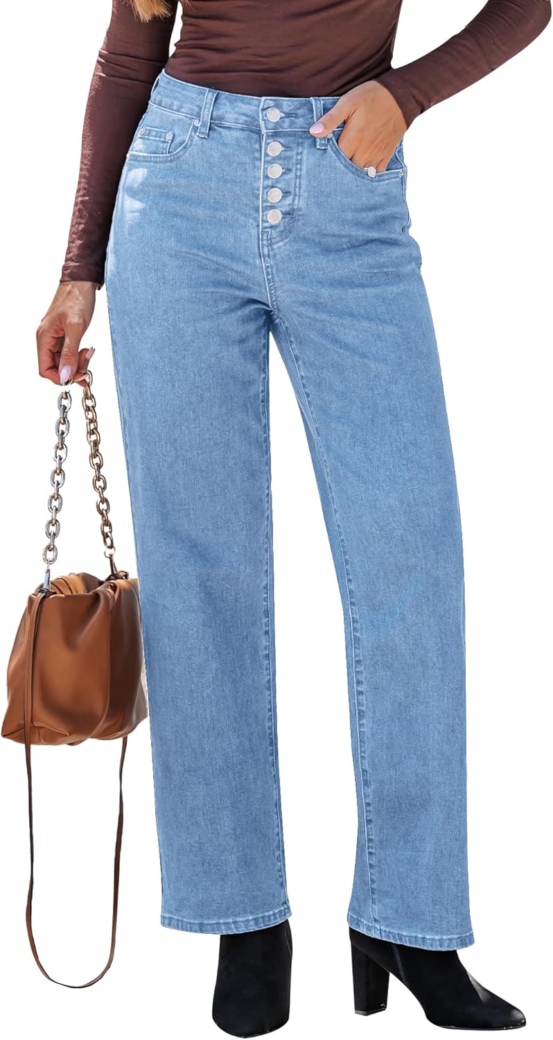 GRAPENT Wide Leg Jeans for Women High Waisted Trendy Button Fly Stretchy Denim Pants Vintage Straight Leg Trouser Jeans