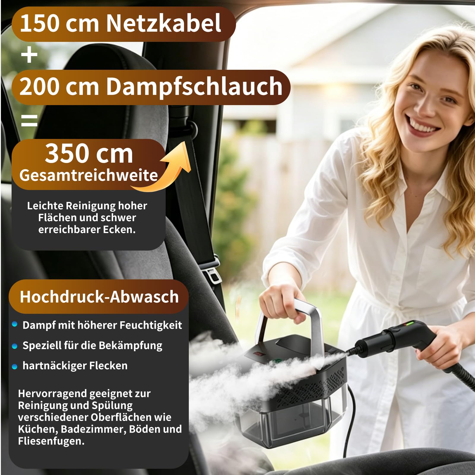 Dampfreiniger Handgerät, 2500W Handdampfreiniger mit Stufengriff, 8 Düsen, 1,8L Tank, 3 Dampfstufen, 4 BAR Hochdruck, 15S Heizzeit 105℃, Tragbarer Dampfreiniger für Auto Küche Bad Polster BBQ
