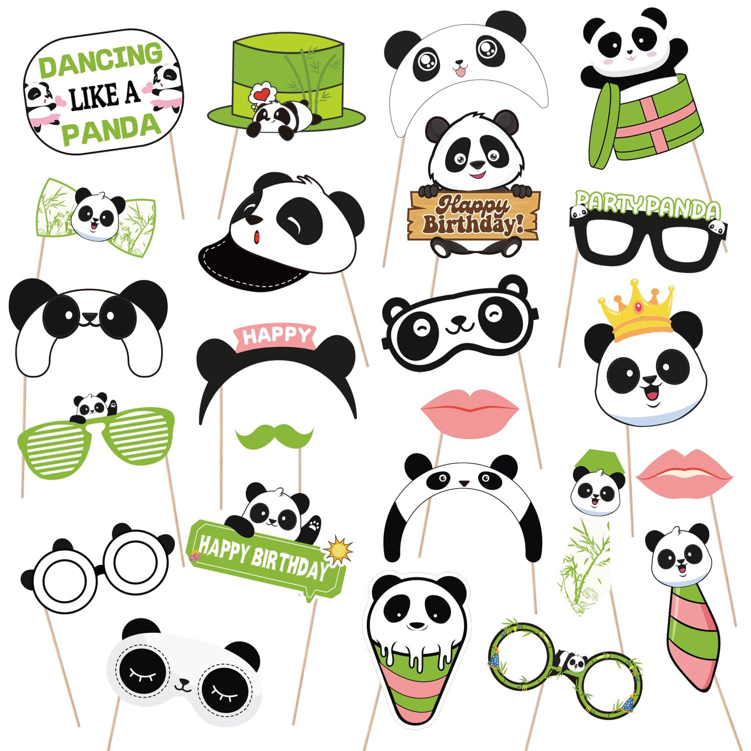 Skirup Black/White Panda Photo Booth Props, 24 Pieces With Sticks,Panda Theme Selfie Props, Birthday Party Supplies, Photography Backdrop Decorations