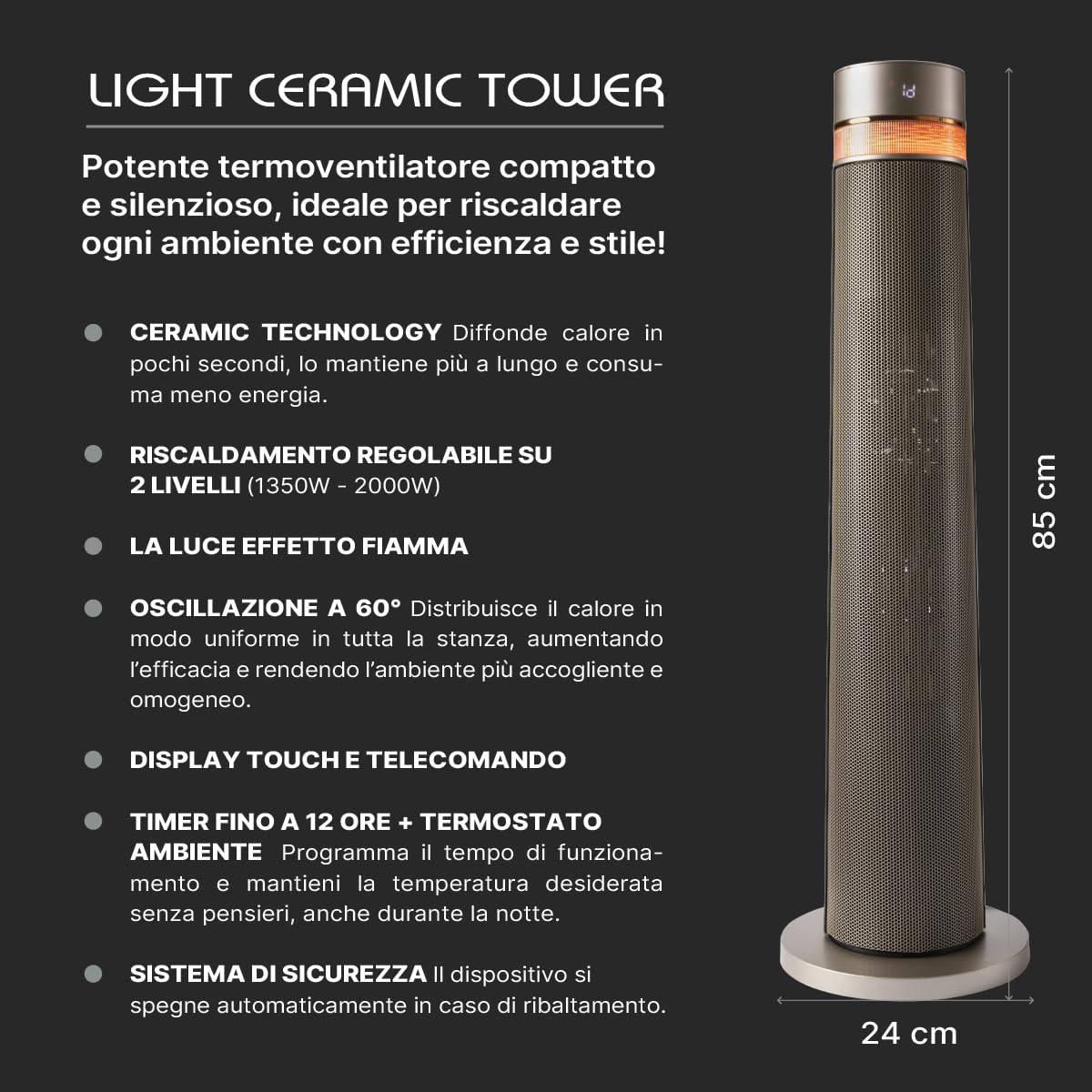 MACOM, Potente Termoventilatore Ceramico a Torretta, Silenzioso e di Design, con Telecomando, 2000W, Enjoy & Relax 944 Light Ceramic Tower