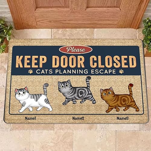 Vista 2 de Tapete personalizado para gatos con diseño de gato que mantiene la puerta cerrada, tapete de planificación de escape, tapete de bienvenida