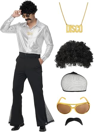 70s Outfits for Men, 7Pcs Disco Costume Include Retro Shirt Bell Bottom Pants Wig Sunglasses Necklace Wig Cap for Disco Party