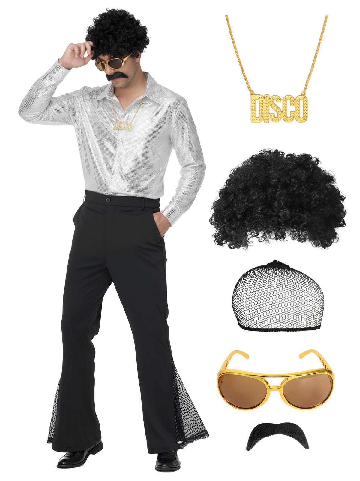 70s Outfits for Men, 7Pcs Disco Costume Include Retro Shirt Bell Bottom Pants Wig Sunglasses Necklace Wig Cap for Disco Party