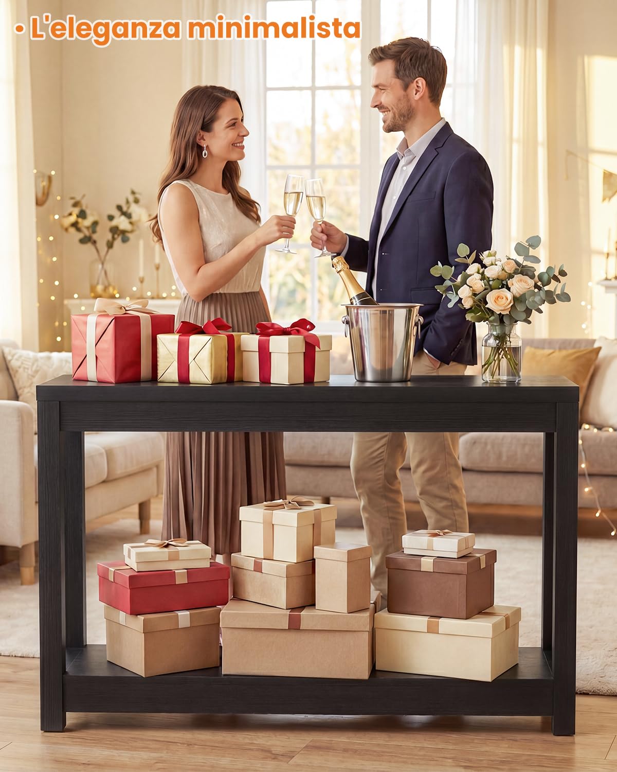 iSunirm Tavolino Console Stretto 120cm, Mobile Ingresso in Legno Stile Farmhouse, Consolle Sottile con Ripiani, Tavolo Dietro Divano o Libreria Salvaspazio, Nero Venatura a Rilievo