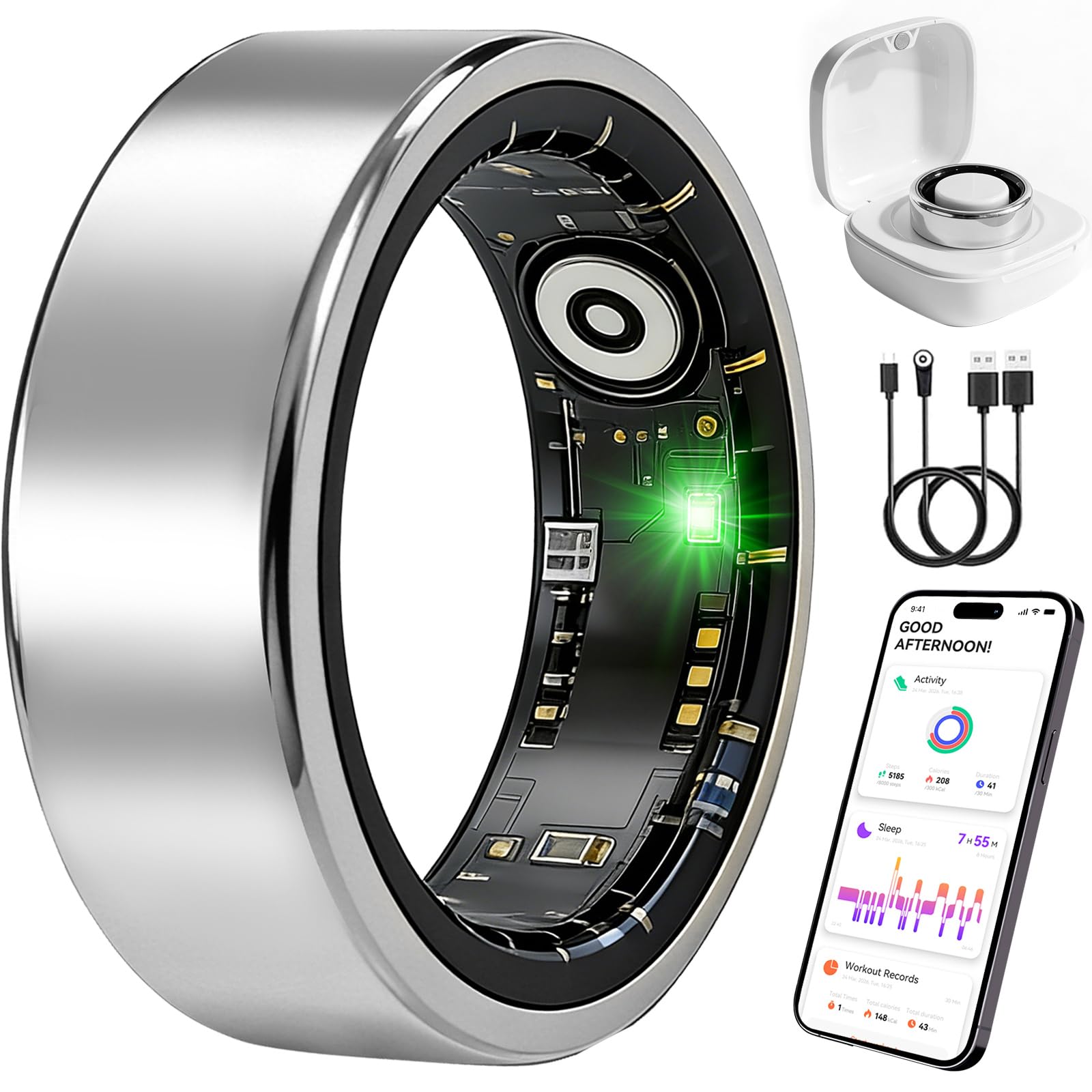 Smart Ring Fitness Tracker for Women and Men, Heart Rate Monitor, Sleep and Stress Monitoring, Menstrual Cycle Tracking, Step Counter, IP68 Waterproof, No Subscription, Compatible with iOS and Android Silver 10