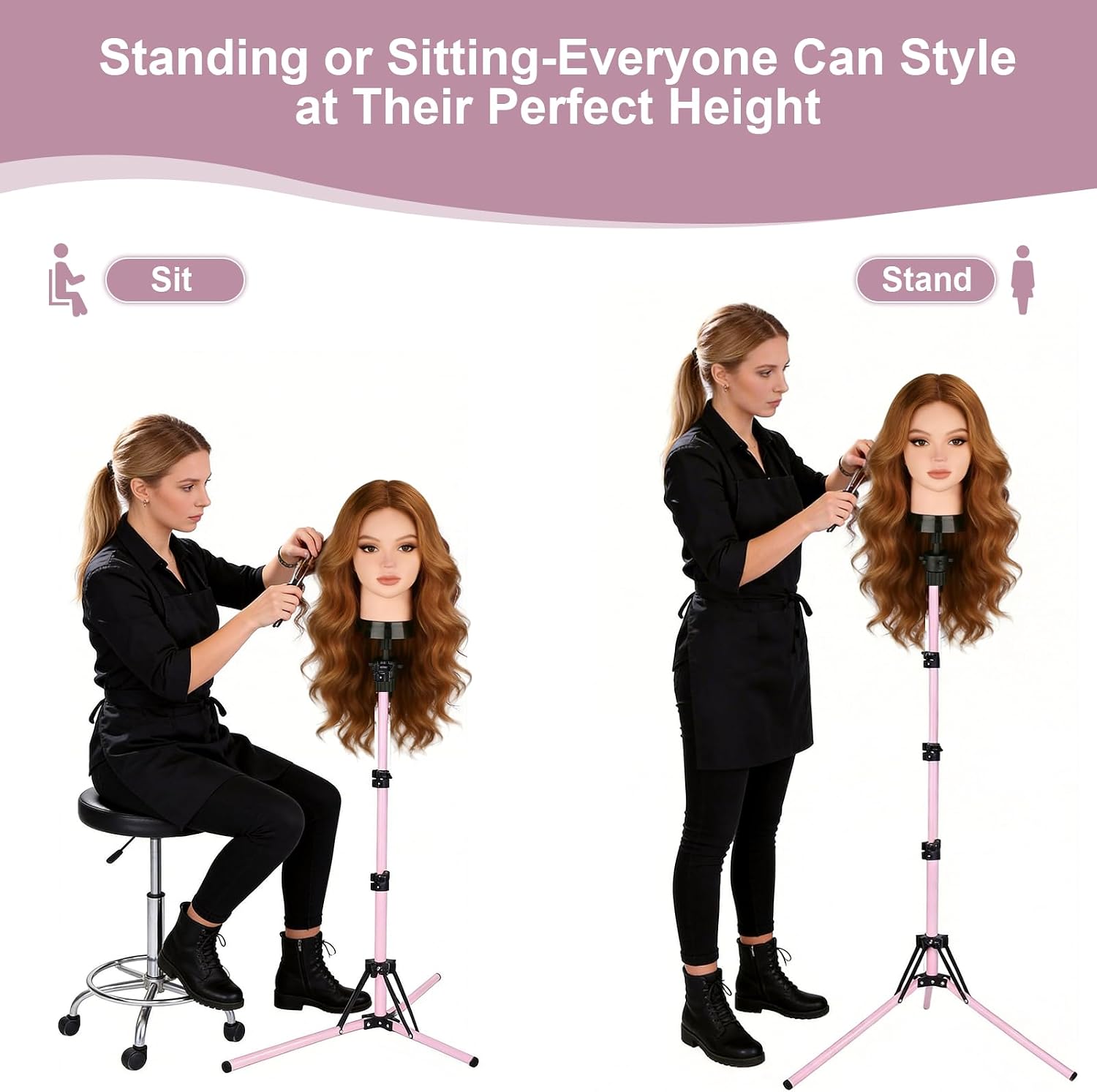 Beauty Star 63 inches Tall Mannequin Head Stand, Wig Stand Tripod for Almost All Canvas Block Styling Doll Cosmetology Hairdressing Training Head(Pink)