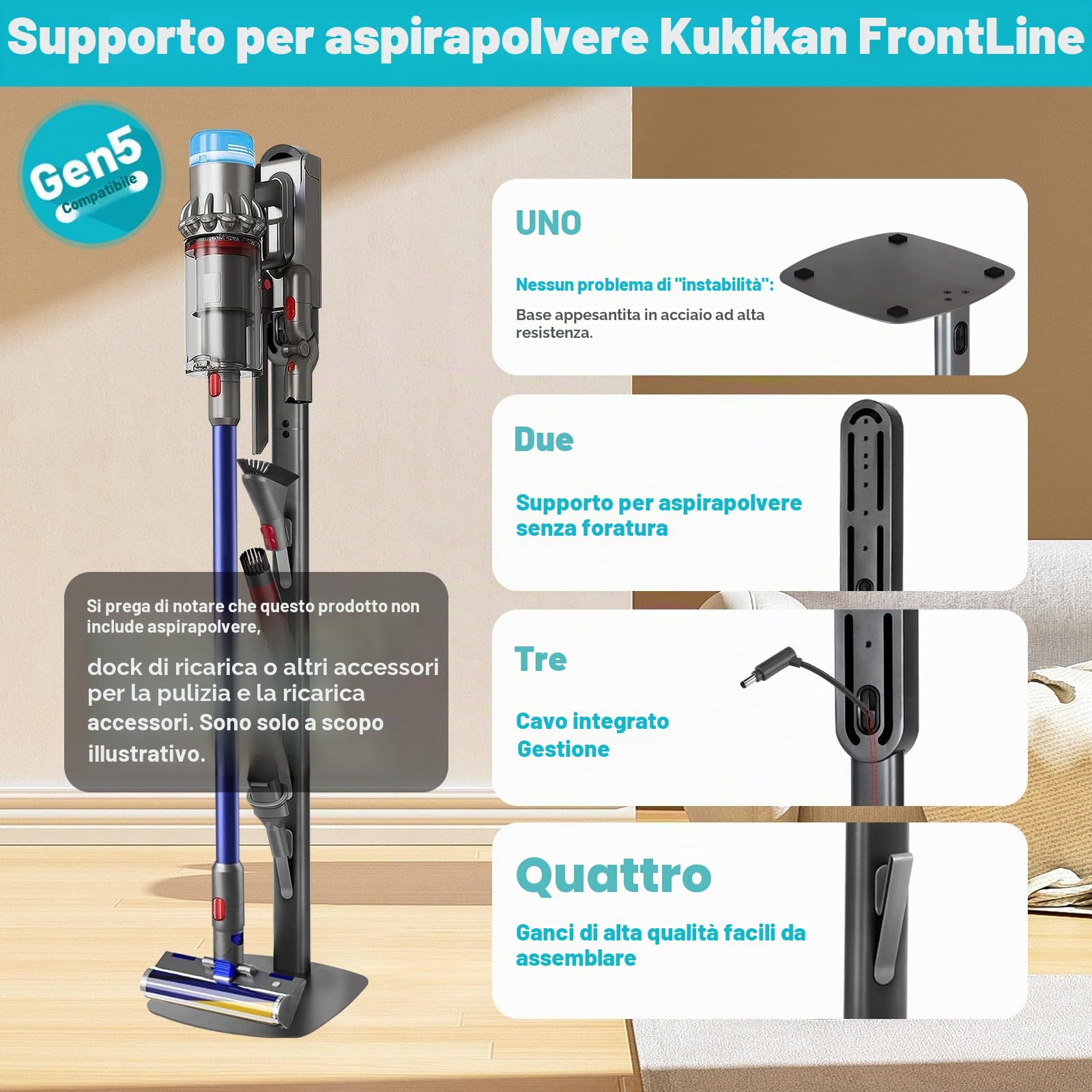 FrontLine - Supporto per aspirapolvere per Dyson Gen5, V8, V15, V12, V11, V10, V7, V6, in metallo, stabile, senza fori, da pavimento, organizer salvaspazio con 4 ganci per aspirapolvere Dyson cordless