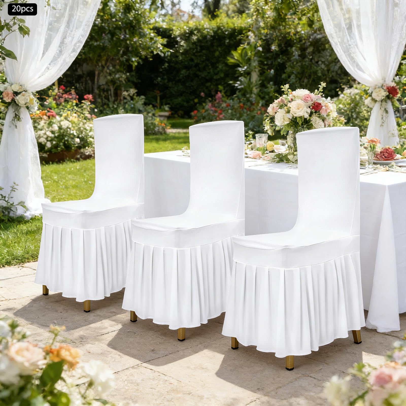 Stuhlhussen mit Skirting Faltenrock Polyester Spandex Universelle Waschbare Stuhlabdeckung Stretch Slipcovers für Hochzeit Party Essen Bankett Stuhl Dekoration, 20 Stück