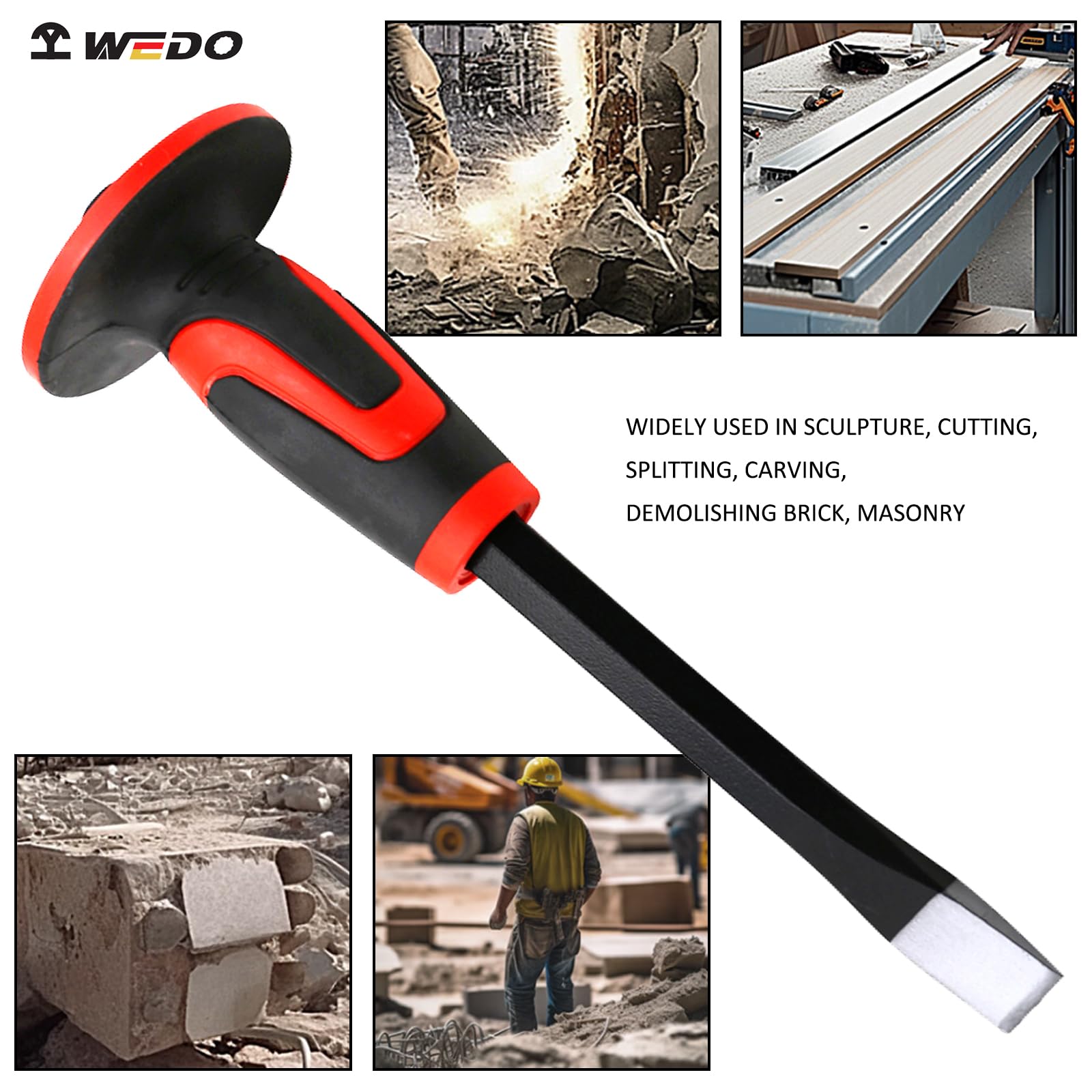 WEDO Martillo de trineo de 3 libras y cincel plano de 11 pulgadas con protección de mano, cincel de cabeza plana Mason y martillo de club, mango antideslizante, cincel de hormigón para demoler piedra