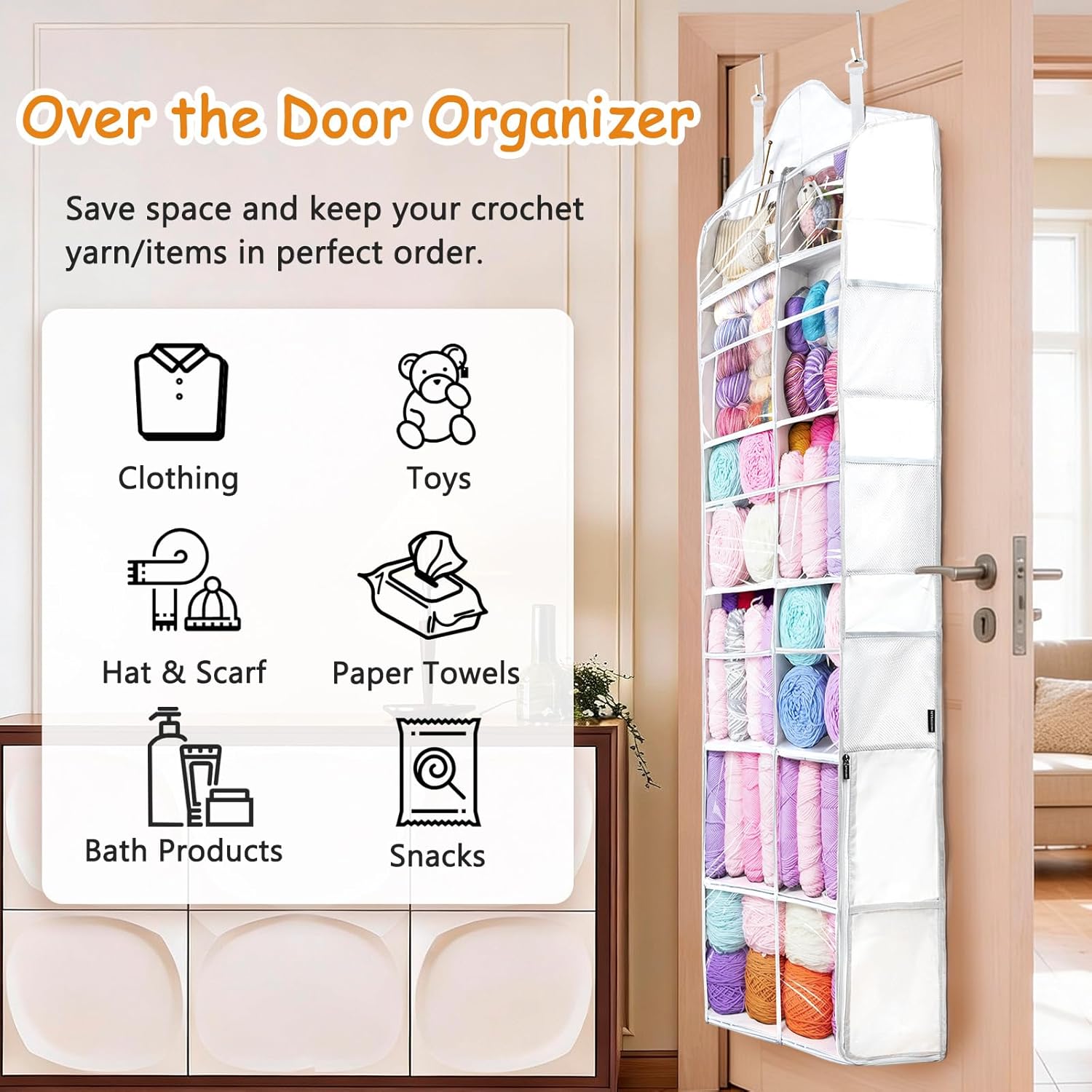 MYBAGZING Hanging Yarn Storage Organizer with Zipper Pockets, 6 Tiers Over the Door & Closet Yarn Holder, Large Crochet & Knitting Organizer with Side Pockets for Hooks, Needles & Accessories