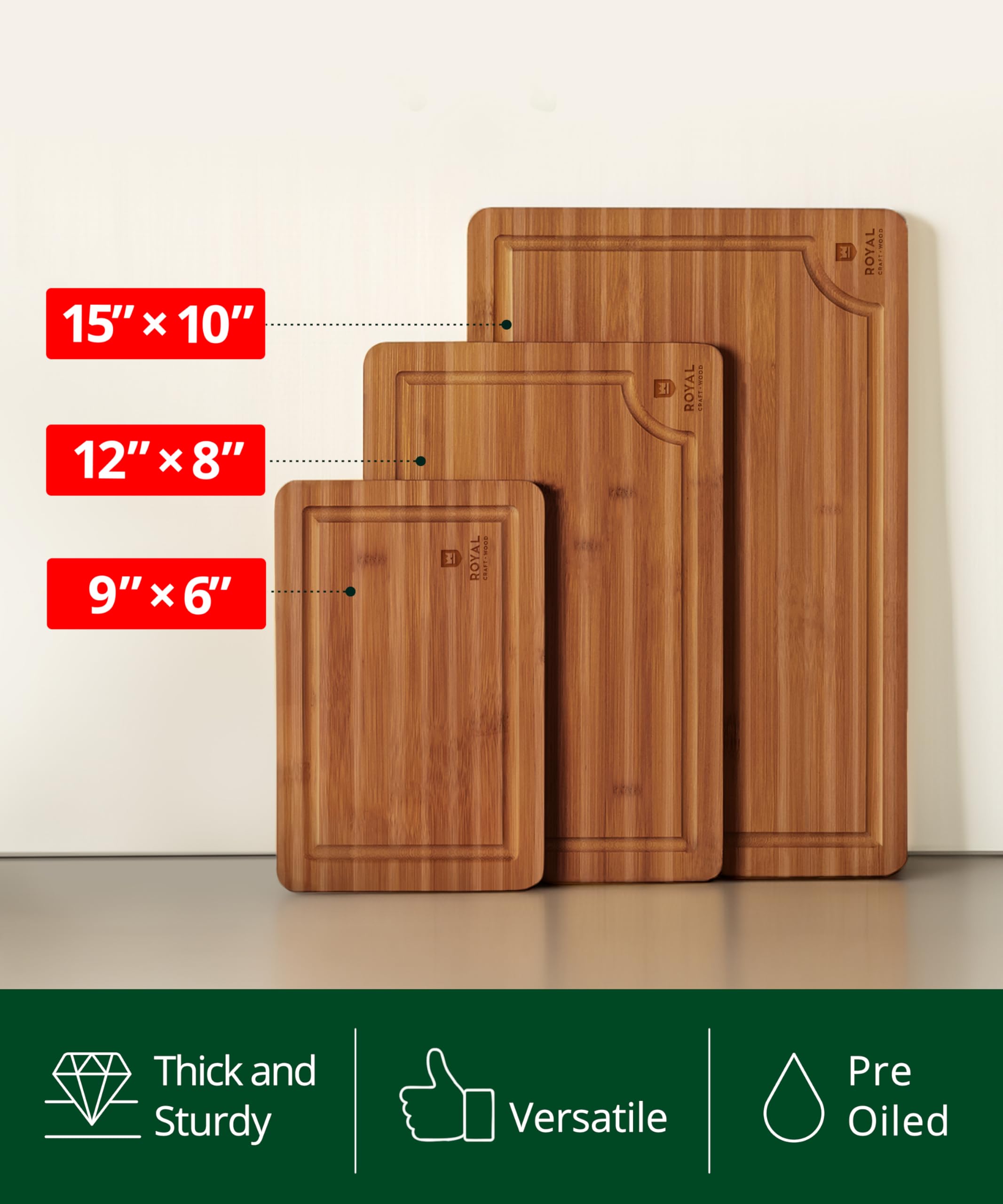 ROYAL CRAFT WOOD Schneidebretter aus Holz für Küche, Mahlzeitenvorbereitung und Servieren, Bambusholz-Servierbrett-Set mit tiefen Saftrillen, Seitengriffen, Charcuterie & Hacken, Metzgerblock für