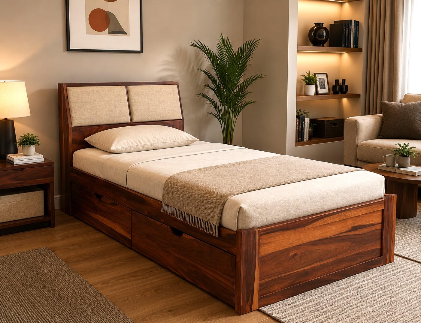BedCult Furniture Solid Sheesham Wood Bed | 72 x 48 (6x4) Wooden Cot with Storage | Queen Size Bed with Headrest & Storage Drawers(Liam with Storage)
