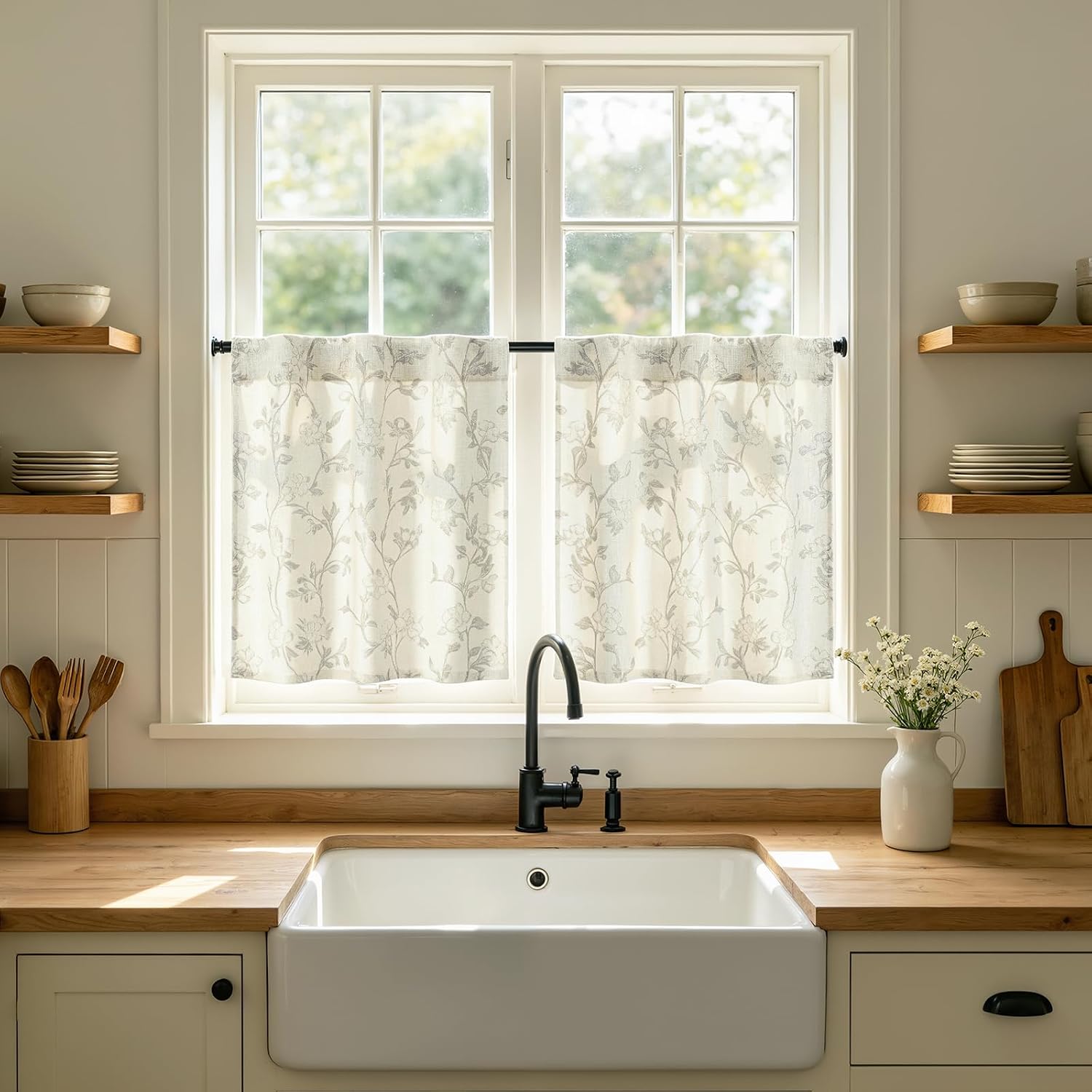 Joydeco Floral Linen Tier Kitchen Curtains 30 Inch Length, Light Filtering Cafe Curtains for Over Sink Small Windows, Farmhouse Rod Pocket for Kitchen, Bathroom and RV, 2 Panels Charcoal Gray on White