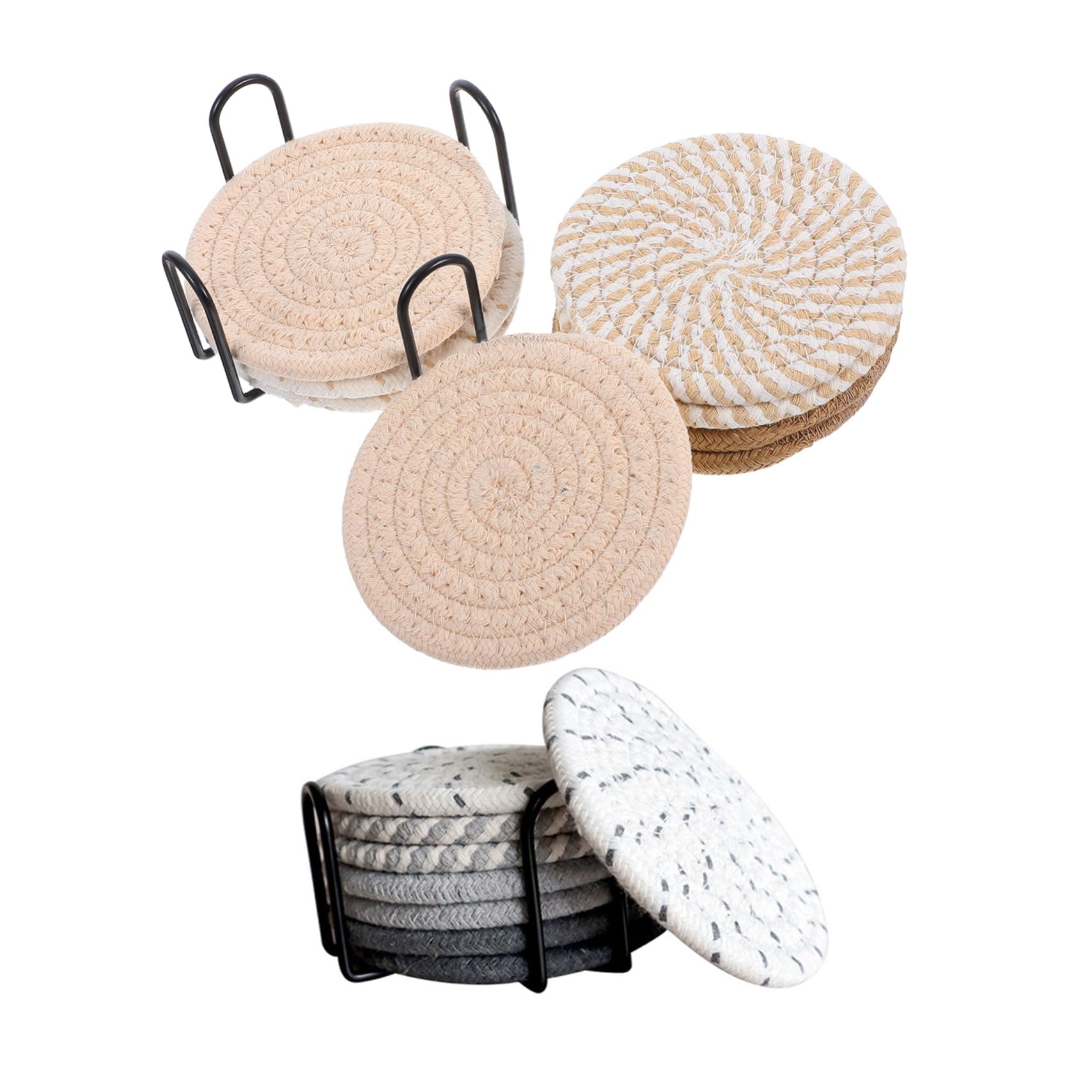 Dessous de tasses absorbants pour tasses à café en coton tissé anti-taches avec support inclus