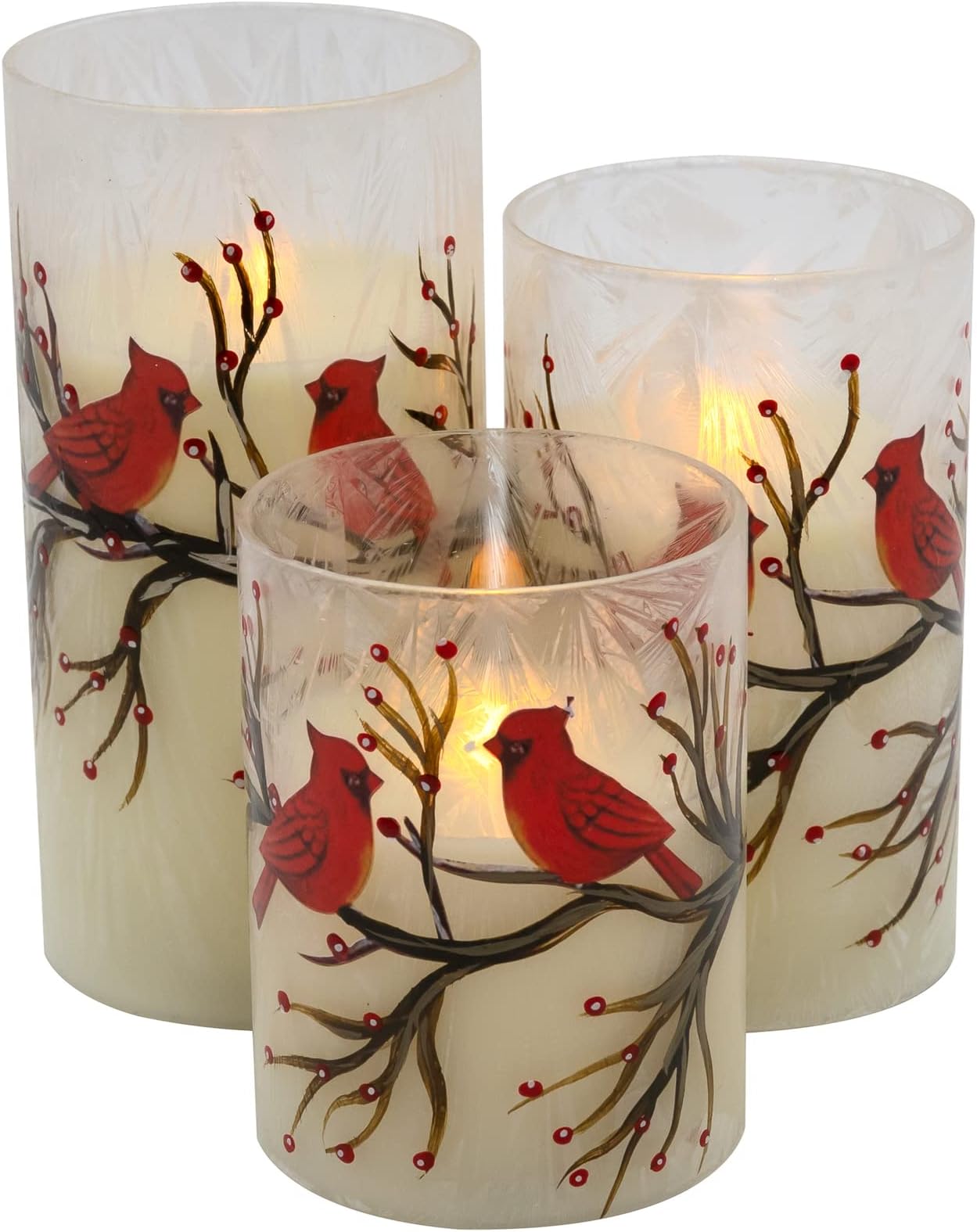 LumabaseBattery Operated LED Red Cardinals Hurricane Candles - Set of 3
