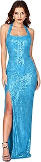 Womens Halter Neck Sequin Backless Evening Dress High Slit Maxi Sparkling Formal Party Bodycon Dress