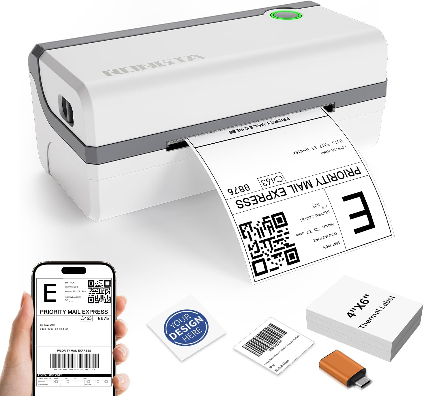 Rongta Bluetooth Thermal Shipping Label Printer, Wireless 4x6 Label Sticker Printer for Shipping Packages, Support Android, iPhone, Widely Used for Amazon, Ebay, Shopify, Etsy, UPS