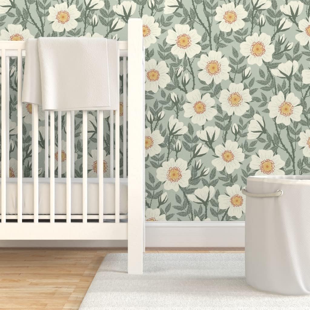 Peel & Stick Wallpaper 3ft x 2ft - Wild Roses Sage Green Vintage Floral Jade Neutral Custom Removable Wallpaper by Spoonflower