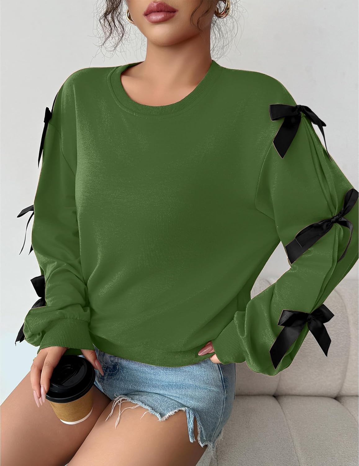 Womens Bow Lightweight Sweatshirt Oversized Crew Neck Comfy Long Sleeve Casual Loose Pullover Top Y2K Clothes - Image 2