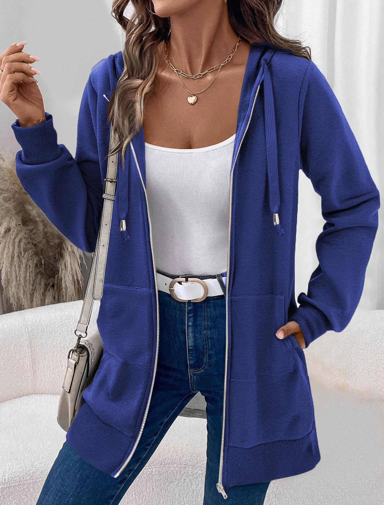 Zeagoo Felpe con cappuccio con zip per le donne a maniche lunghe felpe oversize casual leggere giacche in pile con tasche