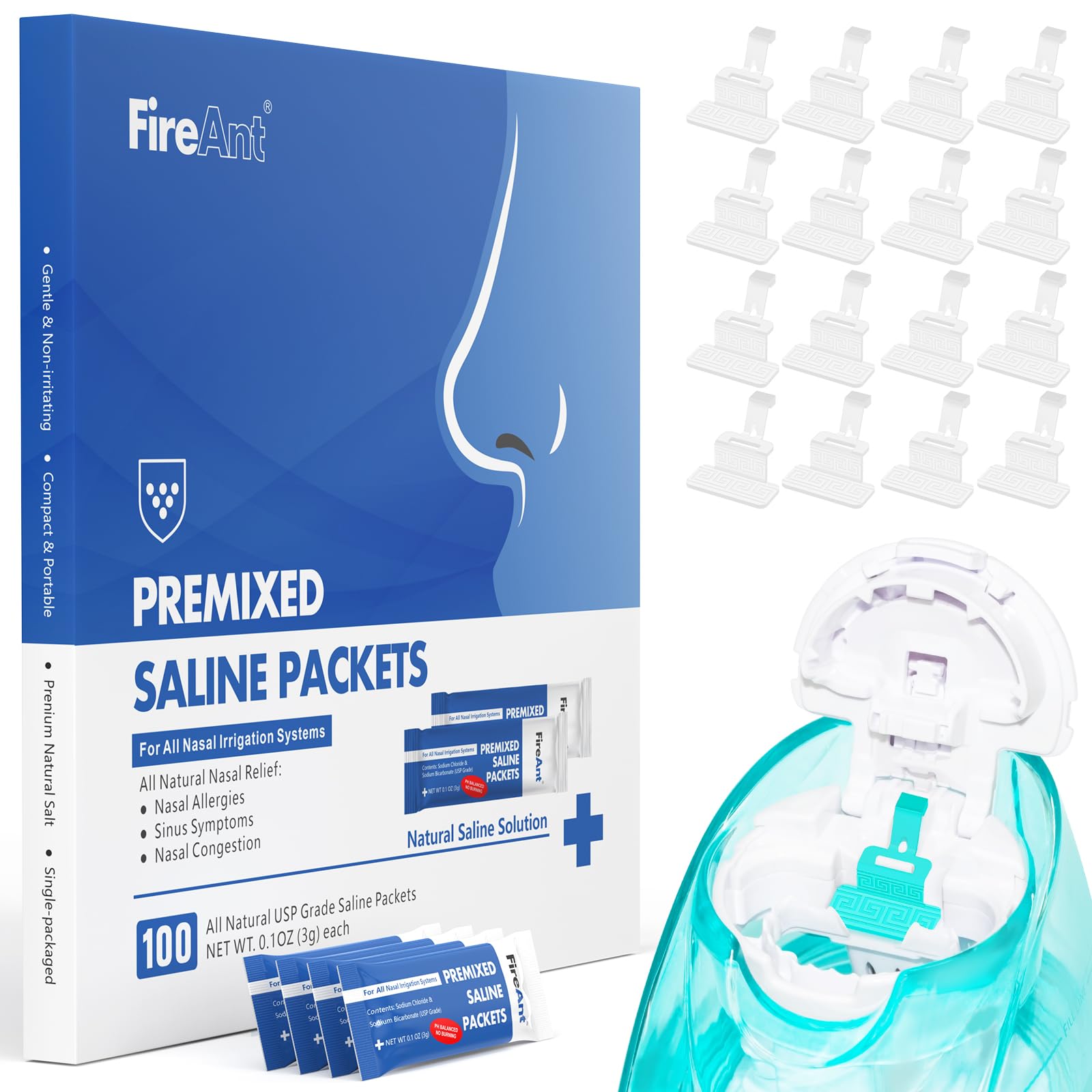 FireAnt 100 Saline Packets and 16 Pack Silicone Saline Pods Refills Set, Compatible with Navage Nasal Care — Includes 100 Count Salt Packets Sinus Rinse + 16 Reusable Salt Pads in White