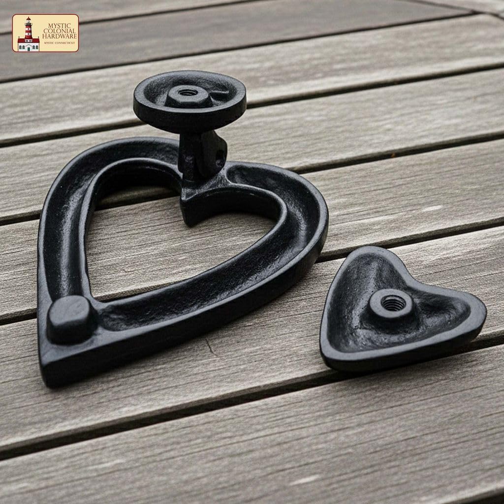 Mystic Colonial Vintage Heart Shaped Door Knocker (4 in) 1 Pc - Rustic Cast Iron Colonial Black Finish Love Door Knocker with Strike Plate for Front Door, Farmhouse, Barn Doors