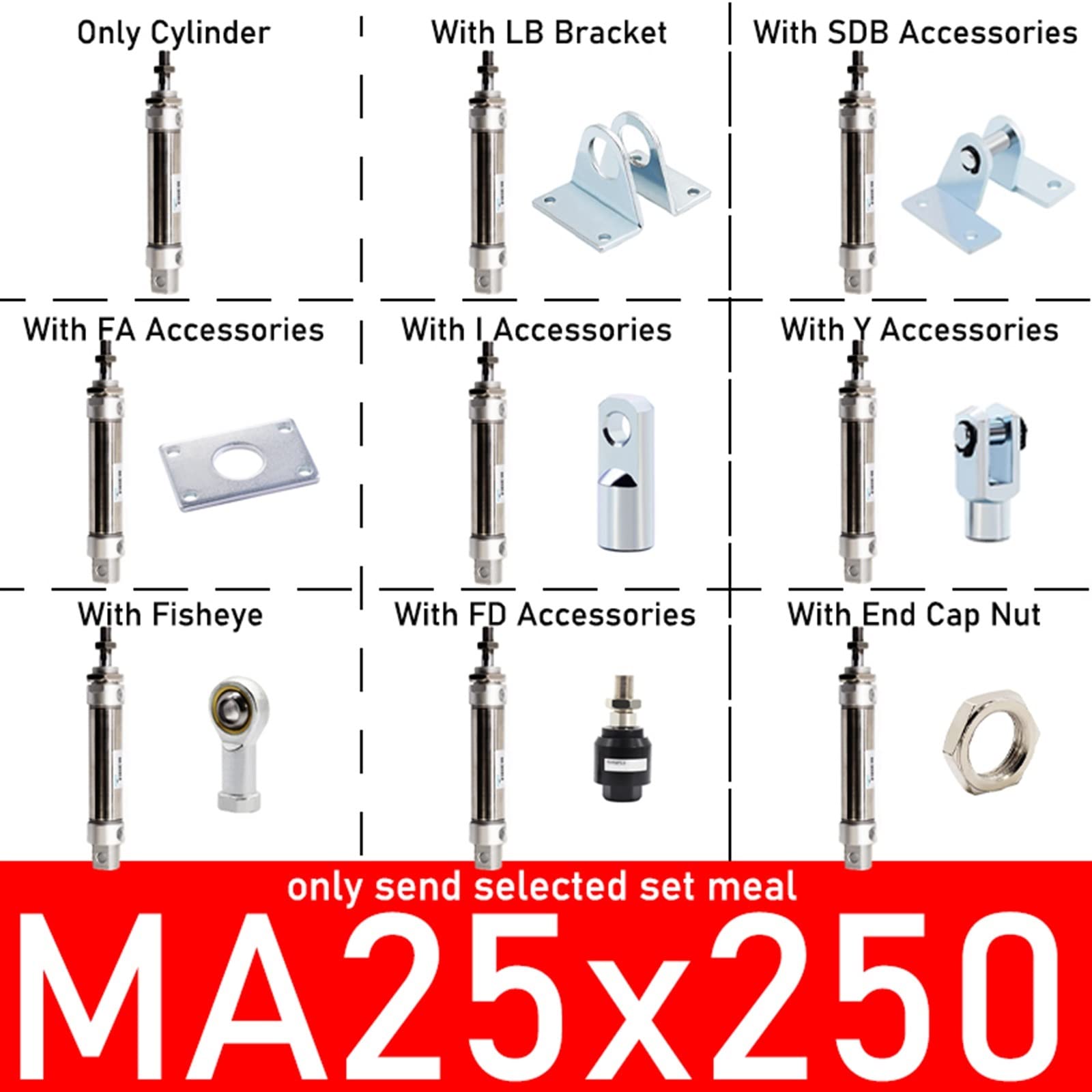 MA25 Luftzylinder Serie Edelstahl Magnetischer Ringhub 25-500 mm Doppeltwirkender Kleiner Mini-Pneumatikzylinder (Color : MA25x250, Size : with LB Accessories)