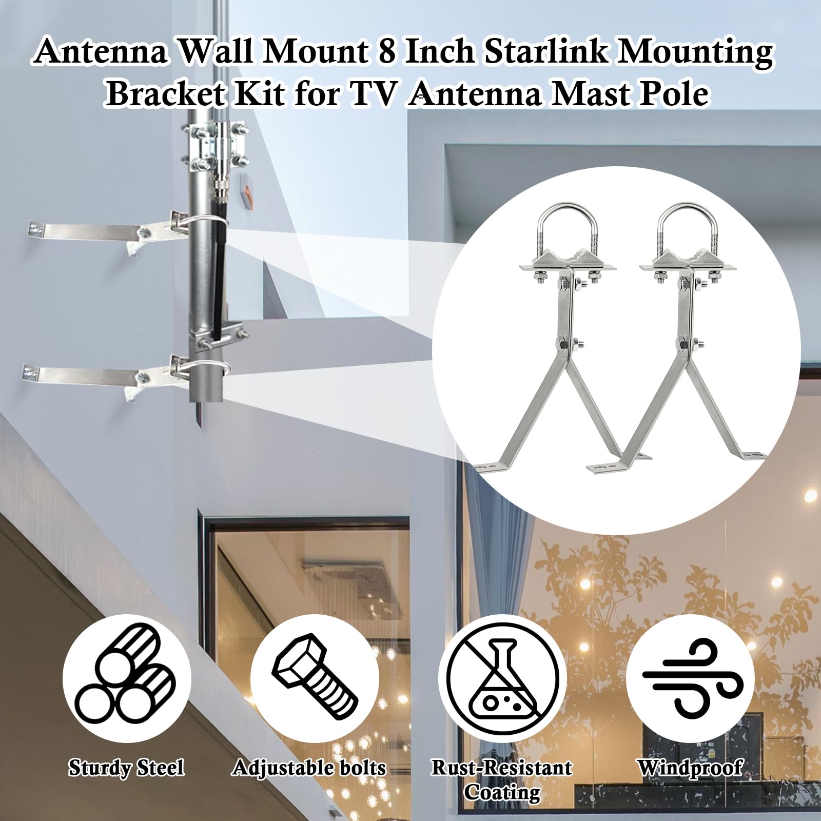 XRDS-RF - Soporte de pared para antena de TV de 8 pulgadas, resistente al viento, soporte de montaje de antena para antena de TV (2 patas + 2 patas)