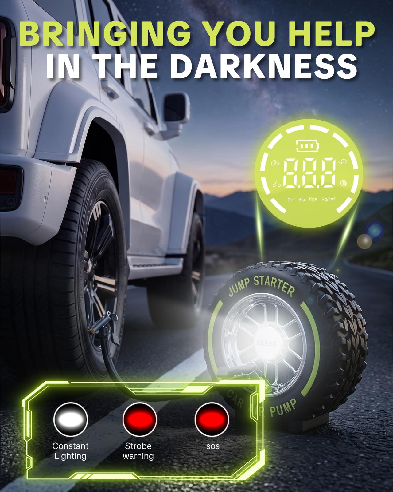 SEESE Gonfiatore elettrico portatile per pneumatici: 6000 mAh, 120 psi con luce LED, avviatore di emergenza CC 12 V, ideale per gonfiare rapidamente moto/biciclette/palloni, viaggi su strada
