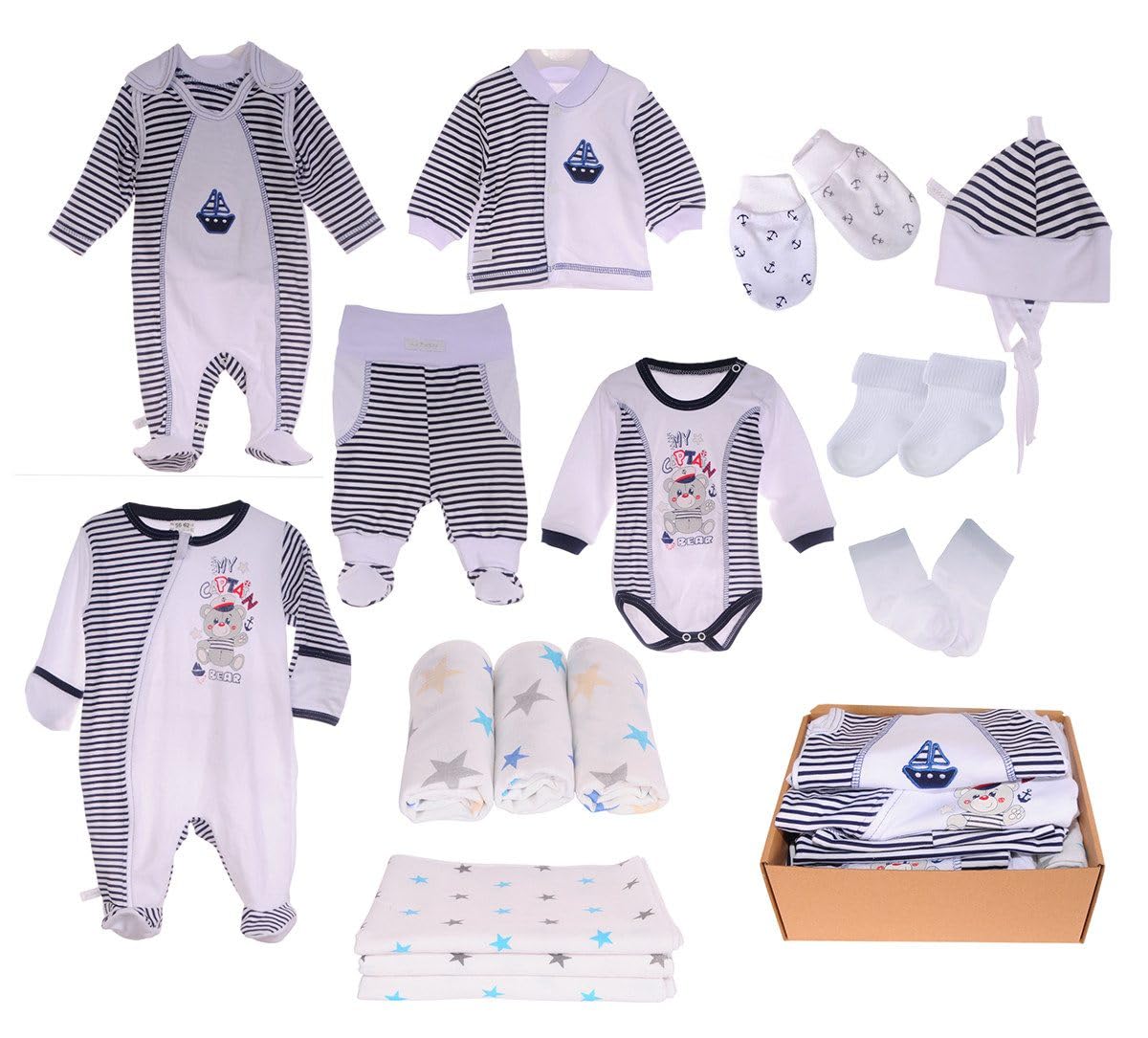 Erstausstattungspaket Baby Set 17 Teile Body Hose Strampler Schlafanzug Shirt Socken Mütze Unisex Bekleidung für Neugeborene Jungen Mädchen Weich Geschenk Geburt Taufe Babyparty