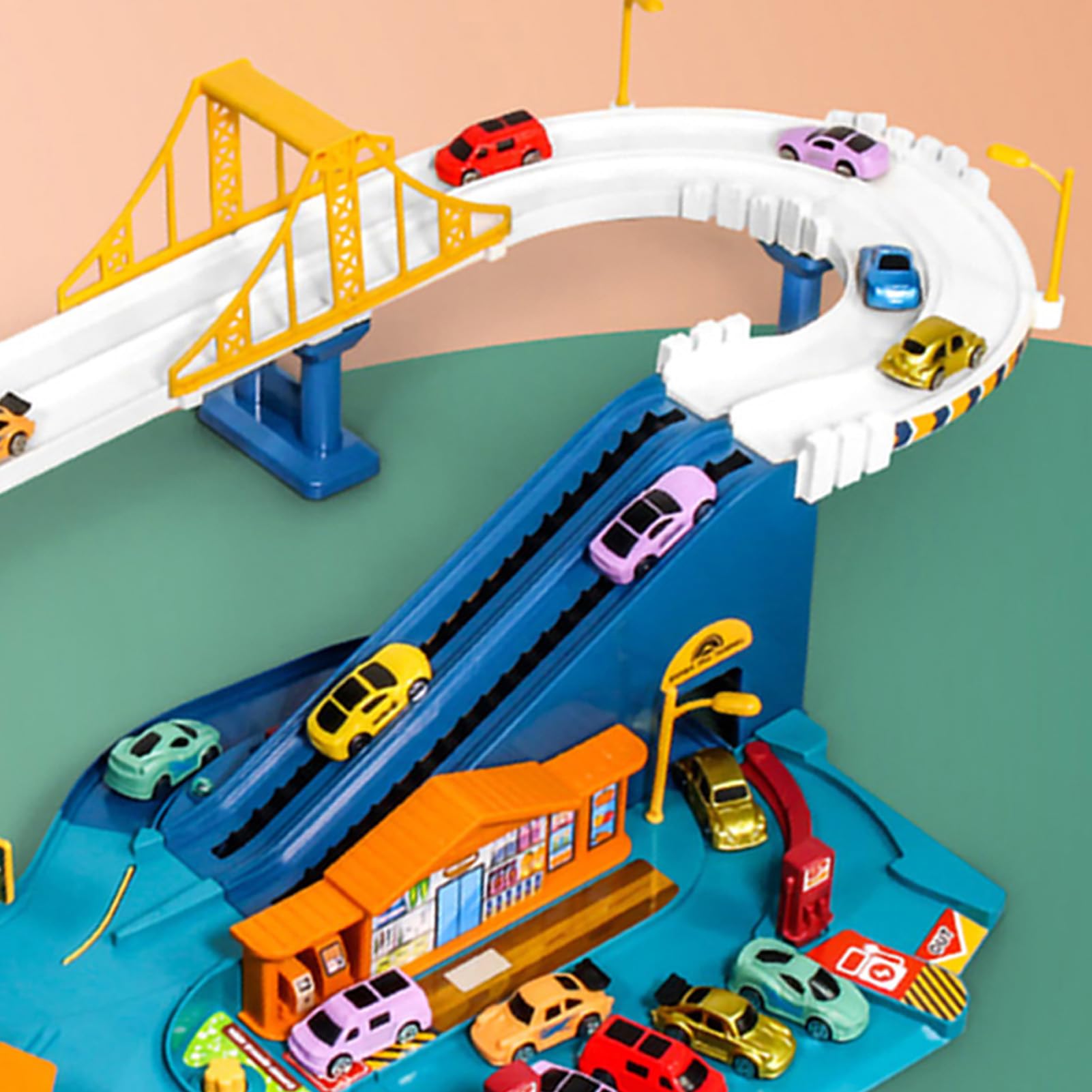 Rieles de Coche de Juguete, Pista de Aventura Flexible para Niños Pequeños, Juego de Vehículos Eléctricos, Regalo (Caja de Color de autopista (estándar para 4)