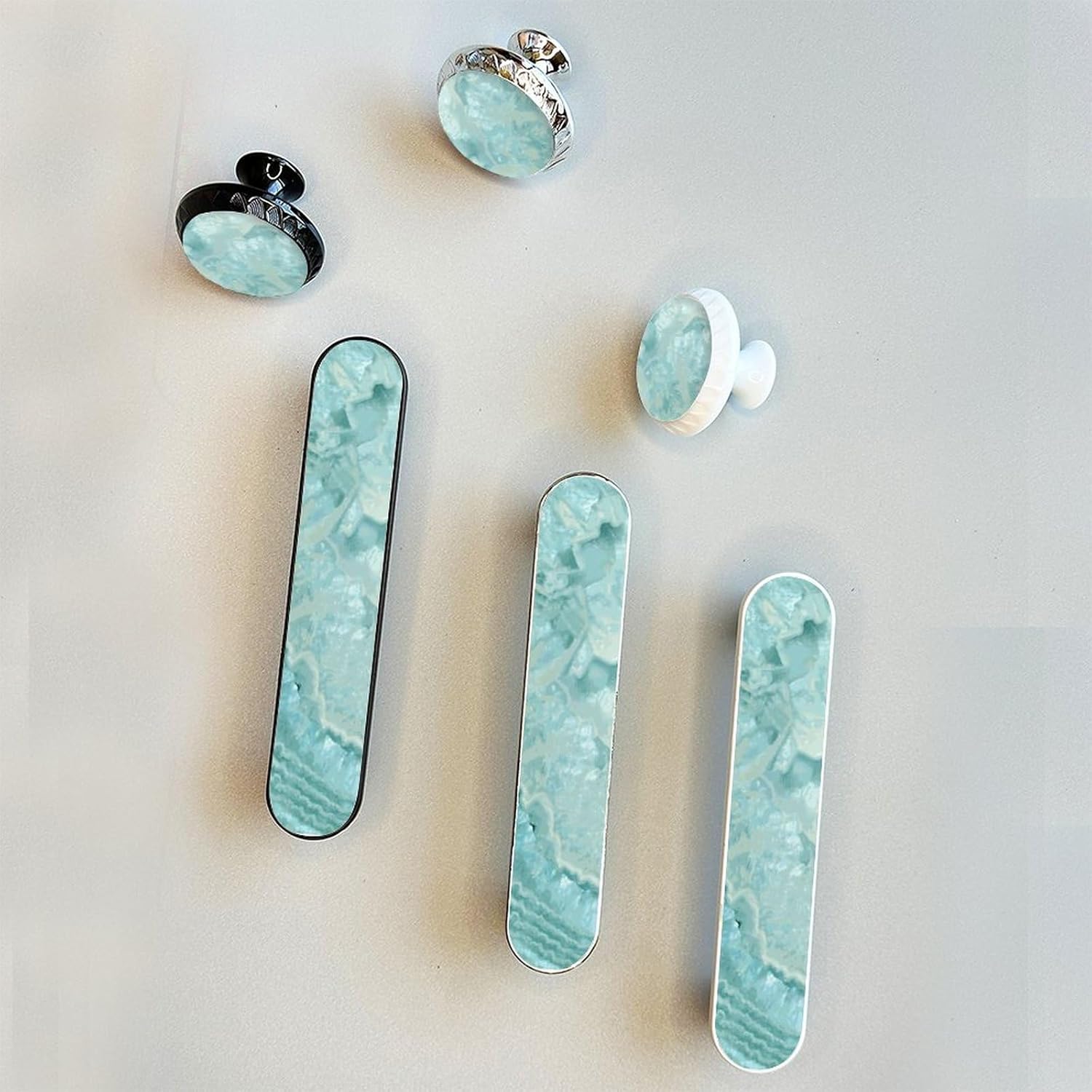 4 Pack Aquamarine Pastel and Teal Agate Pattern Print Cabinet Pull 3-3/4 Inch (96 mm) Center to Center White Cabinet Handles Unique Drawer Pull Bathroom Drawer Handle Kitchen Cabinet Hardware