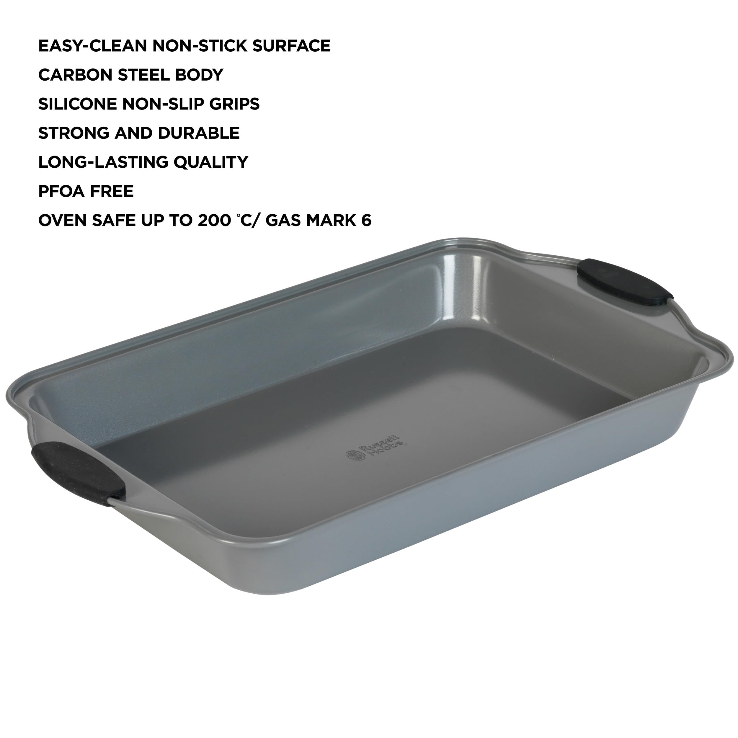 Russell Hobbs Pearlised Plat de Cuisson Rectangulaire 40cm, Plat à Four Avec Poignées Antidérapantes en Silicone, Plat Rôtissoire Anti-Adhésif en Acier Carbone, Sans PFOA, Passe au Four Jusqu'à 200°C