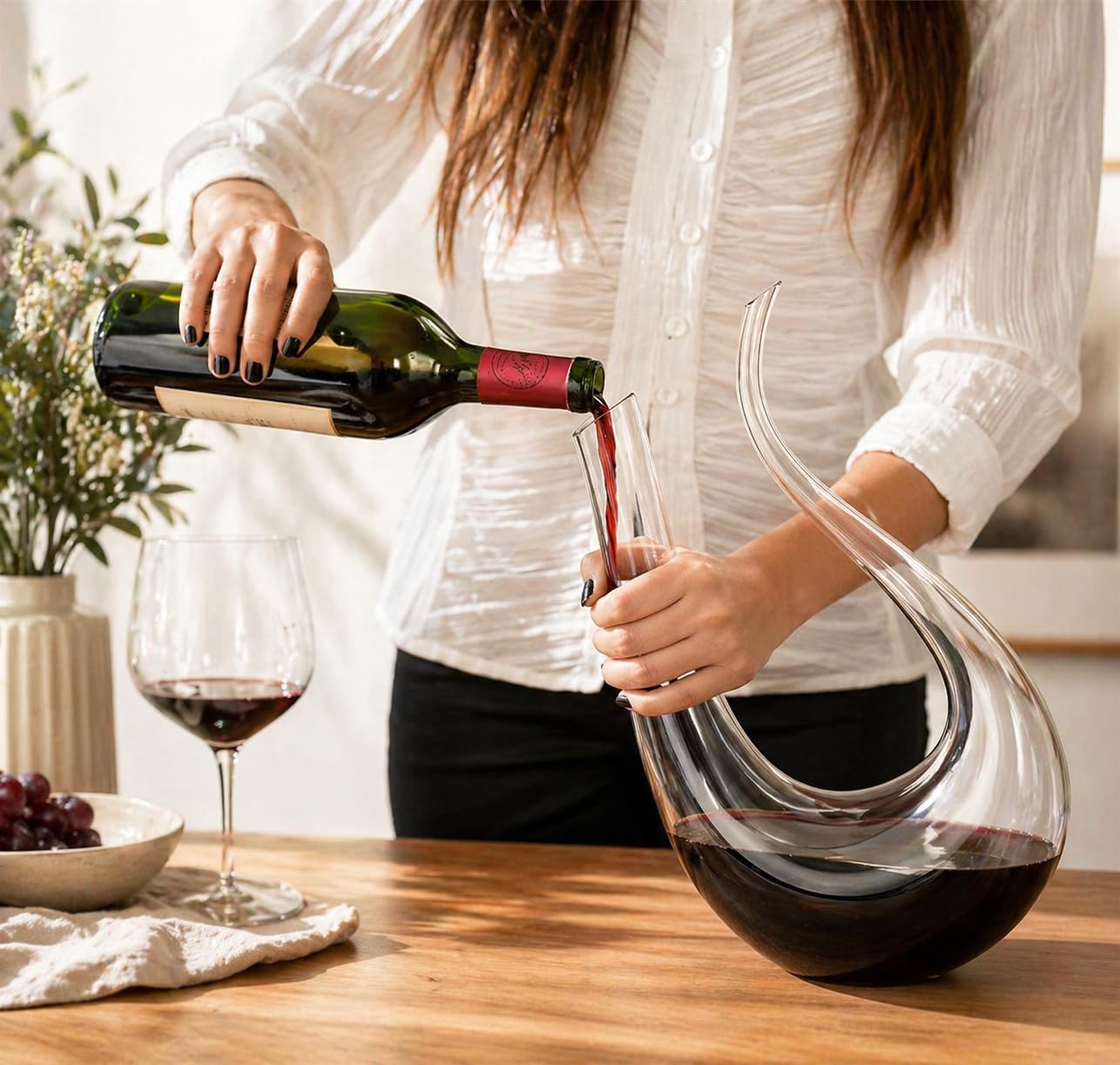 Decanter per vino in cristallo a forma di U, 100% privo di piombo, caraffa per vino rosso soffiata a mano, capacità 1,5 L