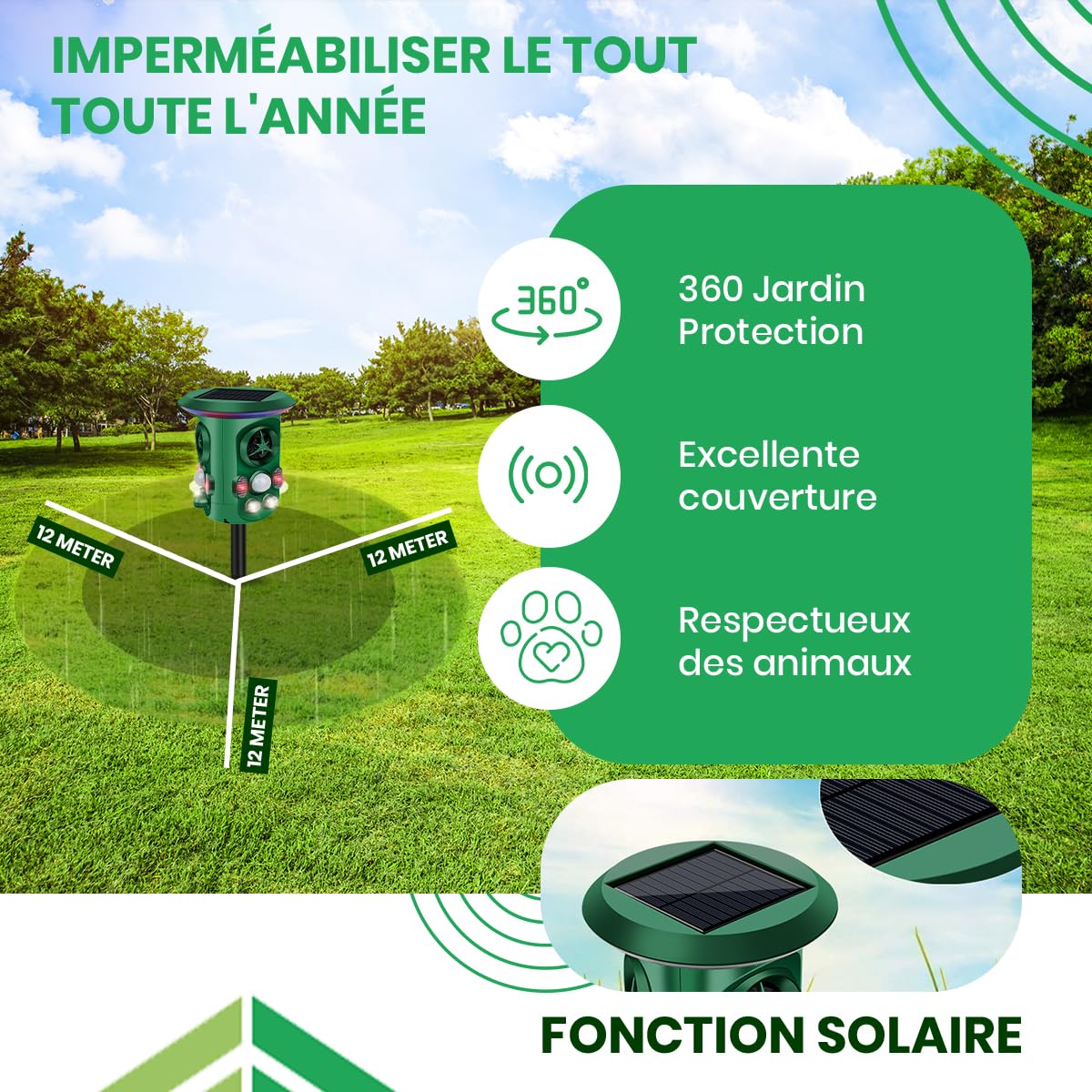 Fleau Garden Cat Repeller Pro - Répulsif Animaux - Ultrasons - Énergie Solaire - martres - Répulsif Pigeons - nuisibles - Étanche (Vert - Protection 360°)