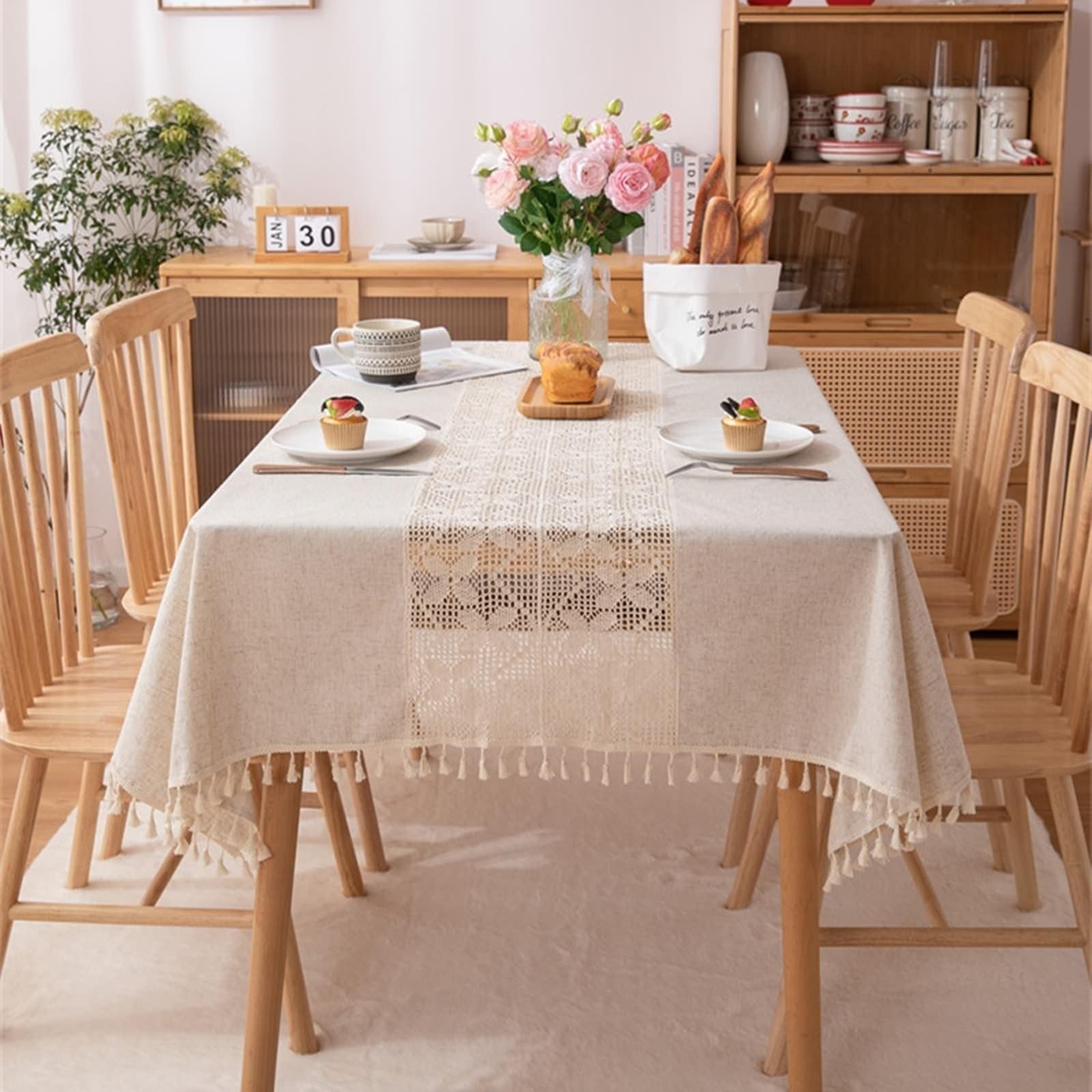Tovaglia Elegante e raffinata tovaglia Rettangolare all'Uncinetto 120x56 Pollici per Sala da Pranzo in Poliestere per 8-10 Persone con Motivo a Farfalla e Frange 140x300 cm (Larghezza x Lunghezza)