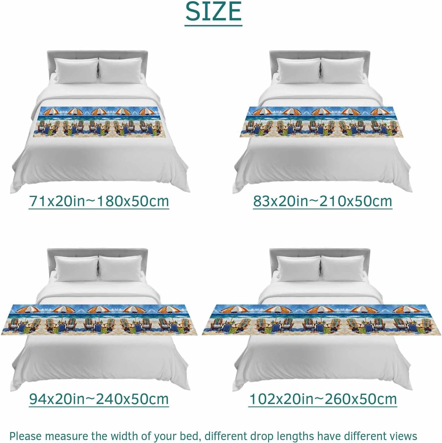 Summer Vacation Bed Runners for King Size Bed, Ocean Beach Wood Sun Umbrella Bedding Scarf for Home Hotel Decorations, 94''x20''